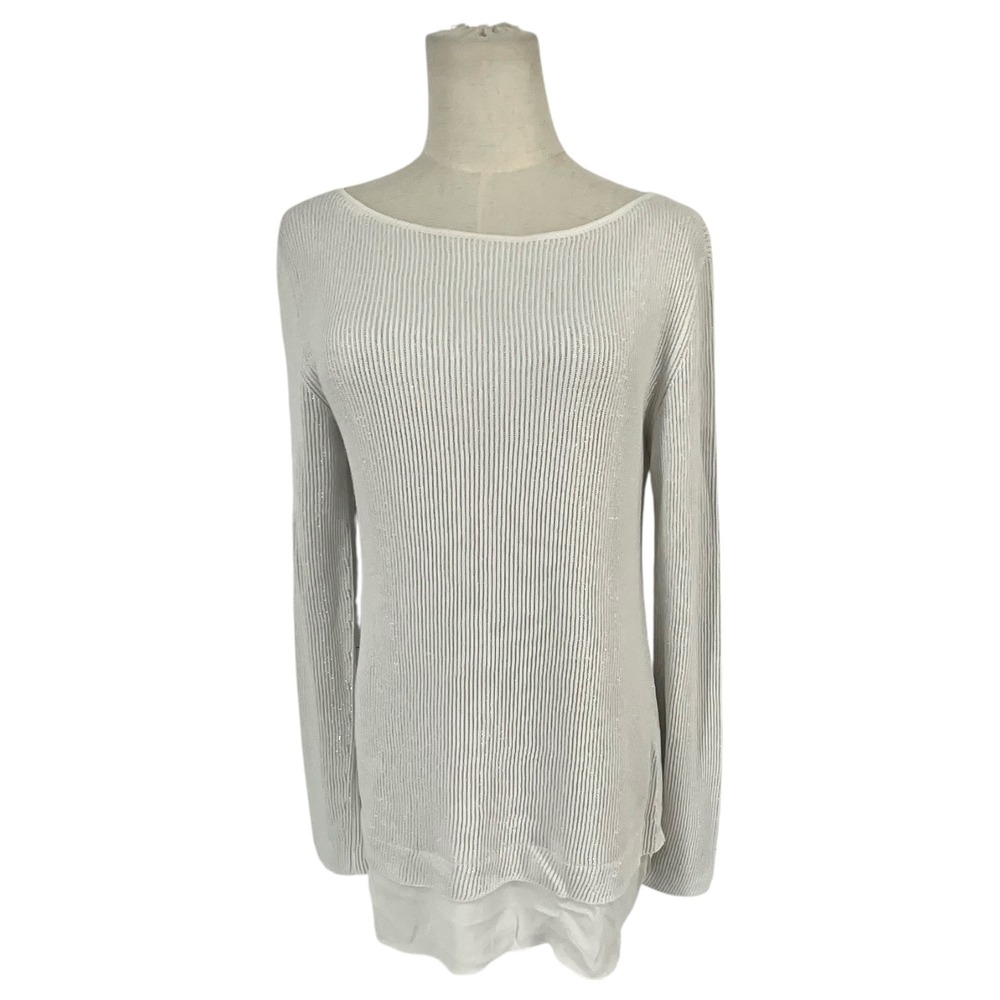 Les‎ Copains White Metallic Ribbed Knit Silk Blend Trim Sweater Made in Italy 42